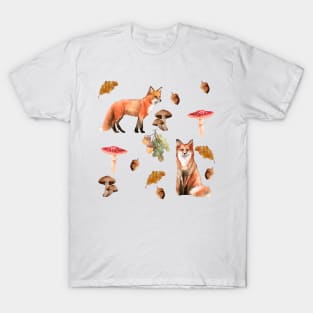 Foxes and Mushrooms Pattern T-Shirt